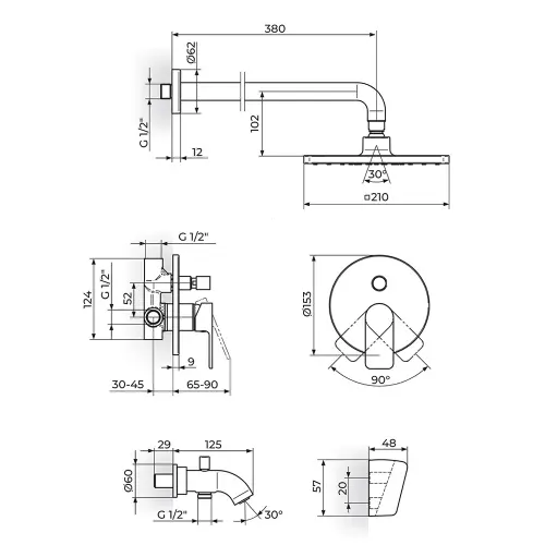 Rosan S2 Black uzidna Baterija za tuš kadu 231701B1 - tehnički crtež