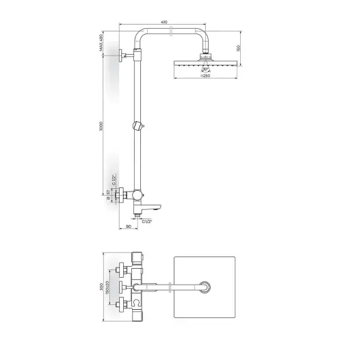 Rosan Stolz Thermo Usponski tuš 1T37352 - tehnički crtež