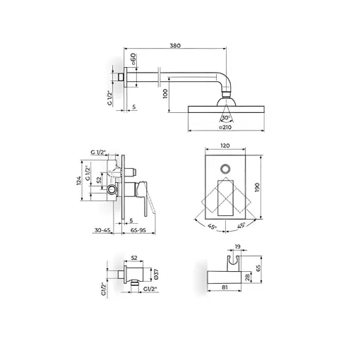 Rosan Quadro uzidna baterija za tuš kadu JQ316011 - tehnički crtež