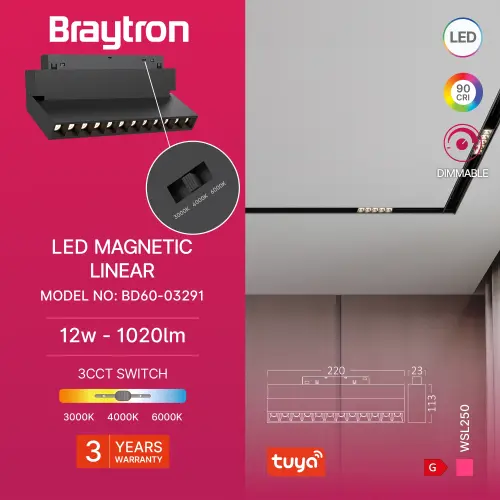 Braytron Magnetna Linearna Svetiljka 12W Crna 48VDC CCT Dimabilna Tuya BD60-03291