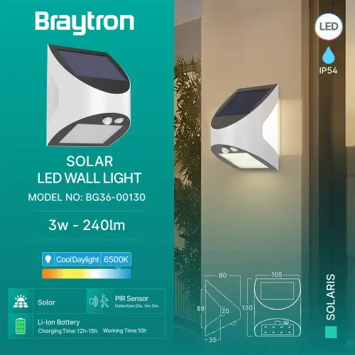 Braytron Solarna Zidna Svetiljka 3W Beli 6500K IP54 BG36-00130