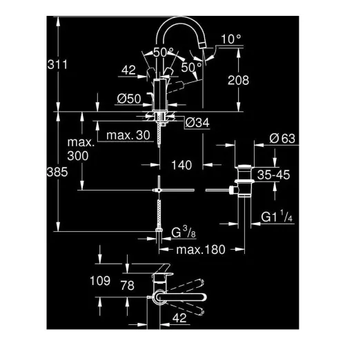 Grohe Eurosmart NEW za lavabo L size 23537003 - tehnički crtež