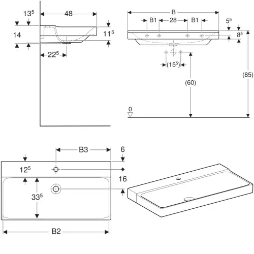 Geberit Lavabo 600x480mm xeno2 500.530.01.1 - tehnički crtež