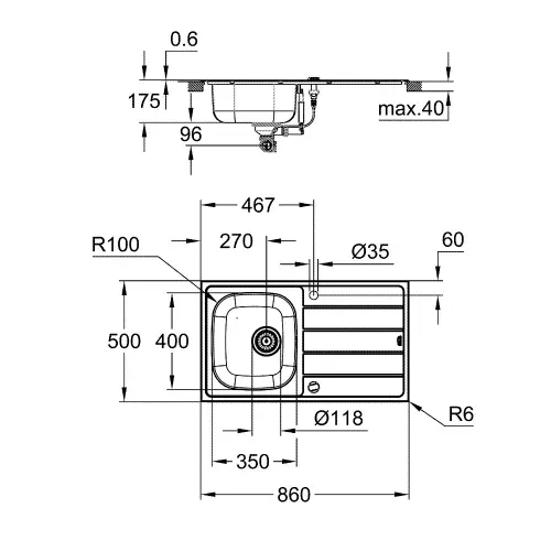 Grohe K200 sudopera 45 -S 86/50 1.0 rev 31552SD1 - tehnički crtež