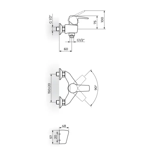 Rosan Cubo Baterija za tuš kadu JC37101 - tehnički crtež