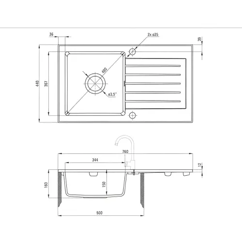 Deante Zorba ZQZ N113 ugradna Crna 760x440/160mm - tehnički crtež