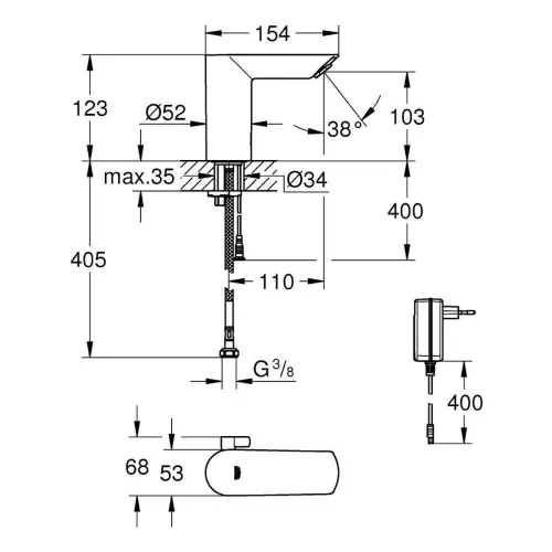 Grohe BauCosmo senzorska slavina E 220V S 36453000 - tehnički crtež