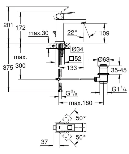 Grohe Eurocube za lavabo M size 23445000 - tehnički crtež