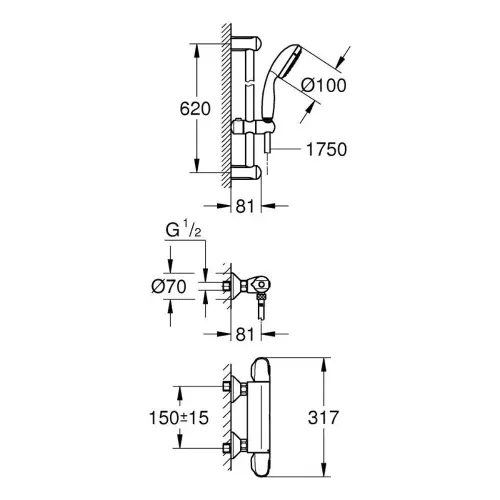 Grohe Grohtherm 1000 termo sa kliznom šipkom setom 34151004 - tehnički crtež