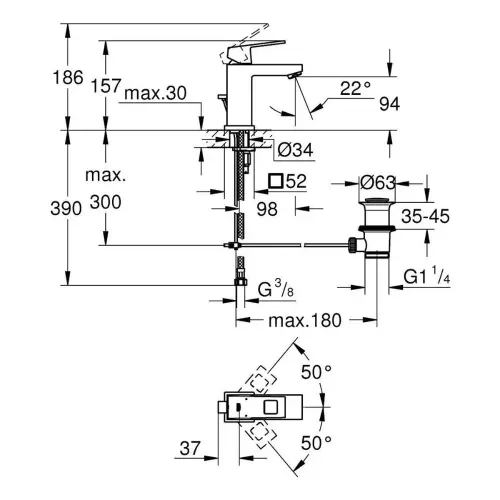 Grohe Eurocube za lavabo 23127000 - tehnički crtež