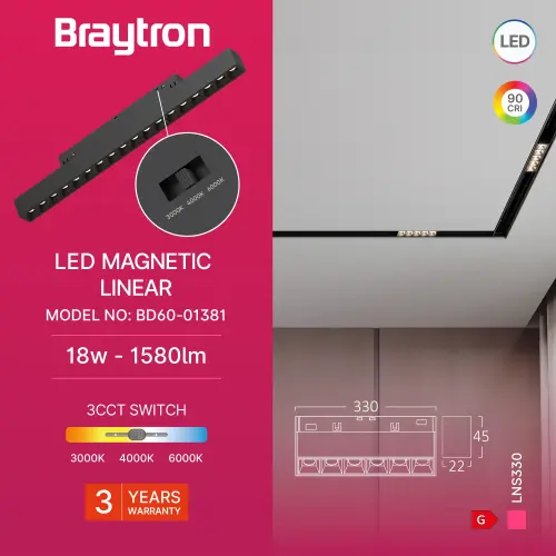 Braytron Magnetna Linearna Svetiljka 18W Crni CCT 48VDC BD60-01381