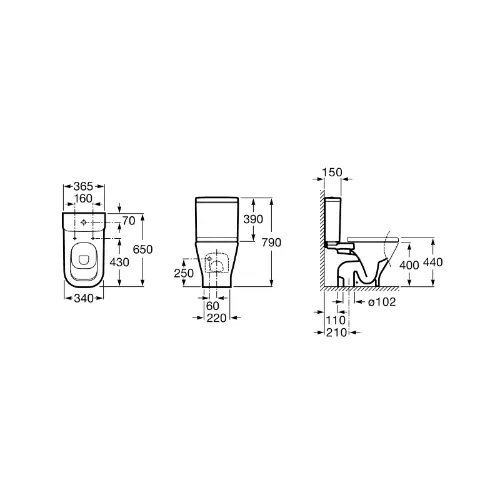 Roca GAP WC šolja Rimless konzolna A34647L000 - tehnički crtež