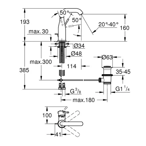 Grohe Essence za umivaonik M SIZE 23462001 - tehnički crtež