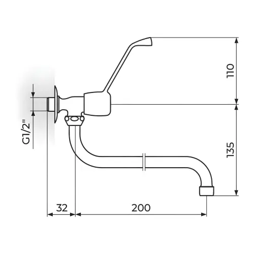 Rosan MEDICAL Zidni ventil 1/2" g.deo - Donji izliv o18 mm , 200 mm AM52S200 - tehnički crtež