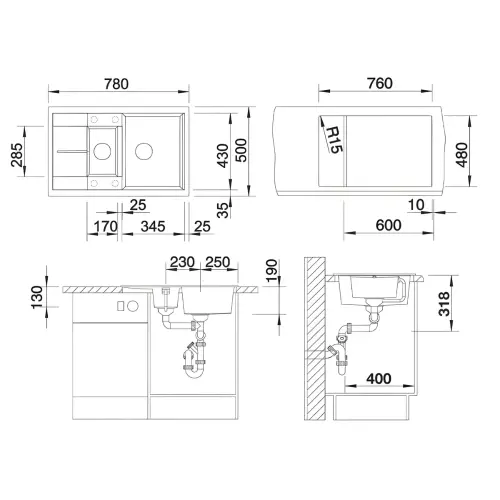 Blanco METRA 6 S Compact Crna silgranit 525925 - tehnički crtež