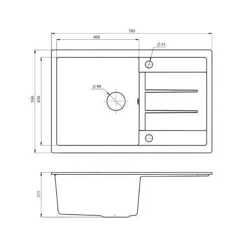 Metalac X Granit Atos PLUS 1D 780x500 fi 90 Crna 377919 - tehnički crtež