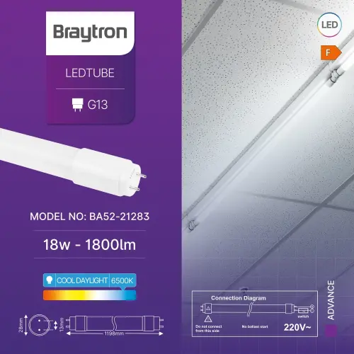 Braytron LED Cev T8 18W 120CM Jednostrana 6500K BA52-21283