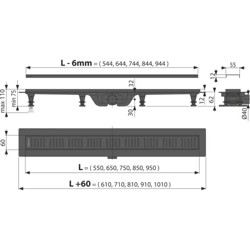 Alca APZ10-850mm BLACK - tehnički crtež