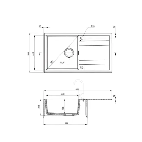 Deante Eridan ZQE N113 sudopera Crna 860x500/209mm - tehnički crtež
