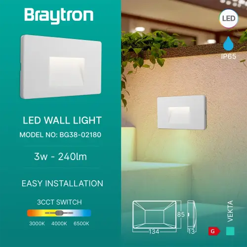 Braytron LED Zidna Svetiljka Kvadratna 3W Beli CCT IP65 BG38-02180