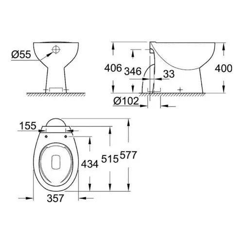 Grohe Bau Ceramic WC šolja Simplon Rimless 39431000 - tehnički crtež