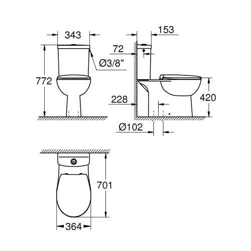 Grohe Bau Ceramic Monoblok Rimless Simplon, sa Soft close daskom 39346000 - tehnički crtež