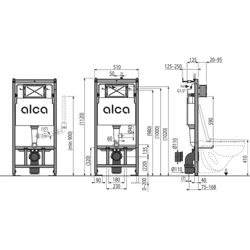 Alca ugradni vodokotlić AM101/1120 v - tehnički crtež