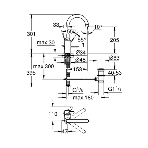Grohe Eurosmart Cosmopolitan za sudoperu 32830000 - tehnički crtež