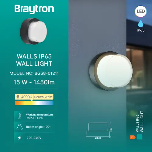 Braytron LED Zidna Svetiljka Okrugla 15W Crni 4000K IP65 BG38-01211