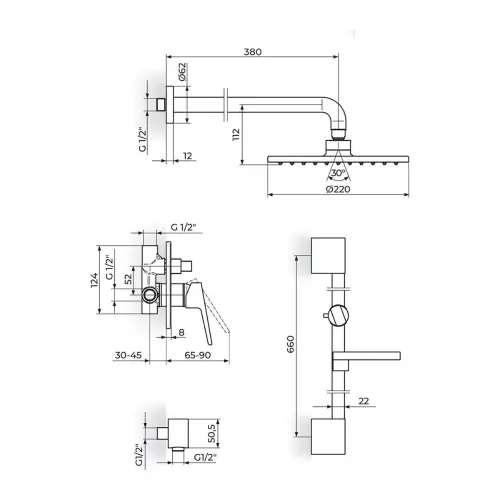 Rosan Stolz uzidna 131602 sa zidnim t D.220mm i zidnom šipkom - tehnički crtež