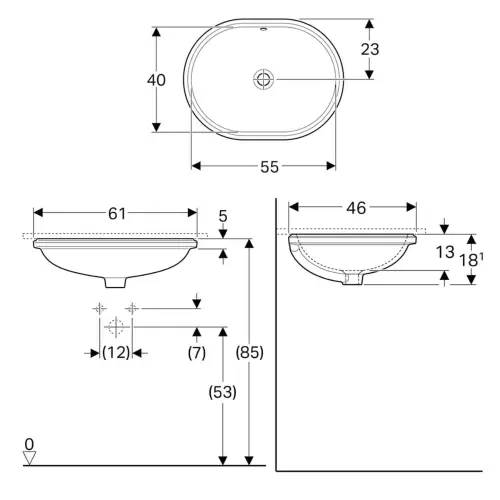 Geberit VariForm podgradni lavabo 61x46 cm, bez preliva 500.758.01.2 - tehnički crtež