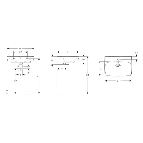 Geberit Selnova Square lavabo 55x44cm 500.290.01.7 - tehnički crtež