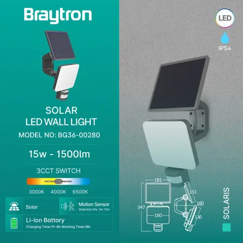 Braytron Solarna Zidna Svetiljka 15W Crni CCT IP54 BG36-00281