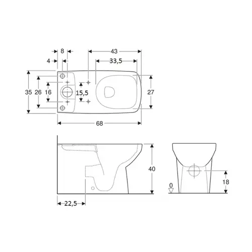 Geberit Selnova Square WC šolja za vodokotlić za monoblok, vidljivo kačenje, Rimfree 500.489.01.7 - tehnički crtež