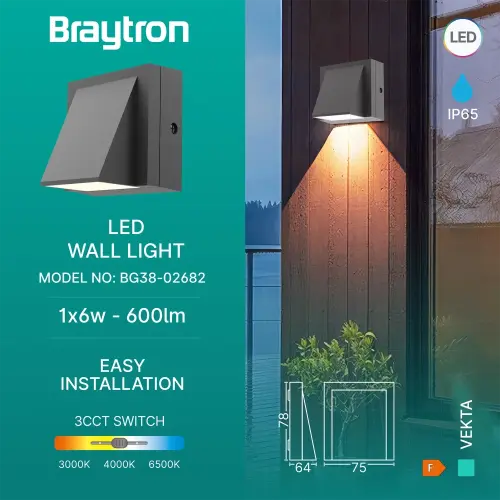 Braytron LED Zidna Svetiljka 1X6W Sivi CCT IP65 BG38-02682