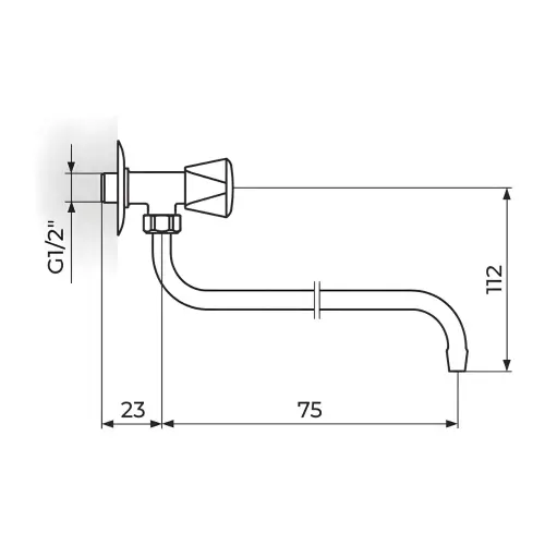Rosan Klasik Zidni ventil 3/8" g.deo - Donji izliv o12 mm -piccolo A501075 - tehnički crtež