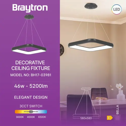 Braytron LED Visilica Kvadratna 46W Crni CCT IP20 BH17-03981