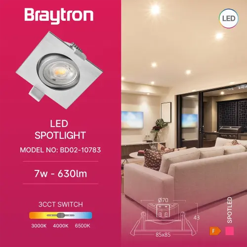 Braytron LED Spot Svetiljka Kvadratna 7W Srebrna CCT BD02-10783