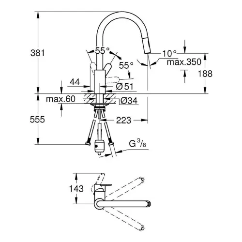 Grohe EUROSTYLE Cosmopolitan za sudoperu SA TUSEM 2F - tehnički crtež