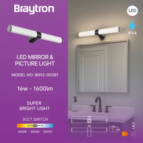 Braytron LED Lampa za Ogledalo 600MM 16W Crni CCT IP44 BN12-00281