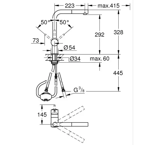 Grohe MINTA za sudoperu sa izvlačnim tušem 32168000 - tehnički crtež
