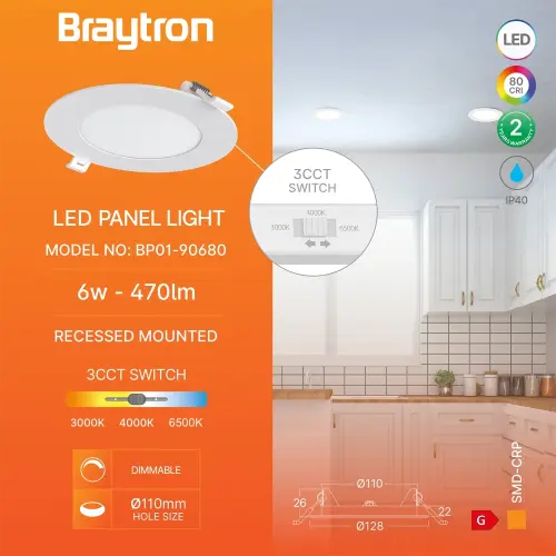Braytron LED Panel Ugradni Okrugli 4" 6W Beli CCT BP01-90680