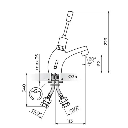Rosan Stojeća TOPLA/HLADNA za lavabo A73007L - tehnički crtež