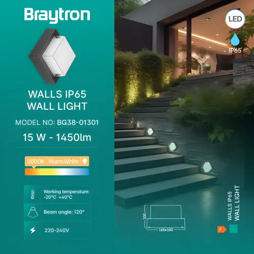 Braytron LED Zidna Svetiljka Kvadratna 15W Crni 3000K IP65 BG38-01301