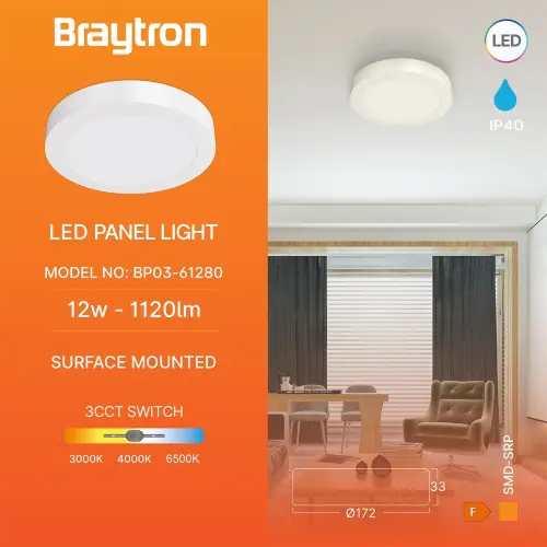 Braytron LED Panel Nadgradni Okrugli 12W Beli CCT BP03-61280