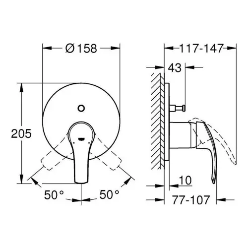 Grohe Eurosmart mešač sa prebacivačem 24043002 - tehnički crtež