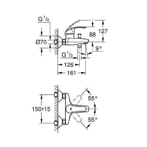 Grohe Eurosmart za kadu 33300002 - tehnički crtež