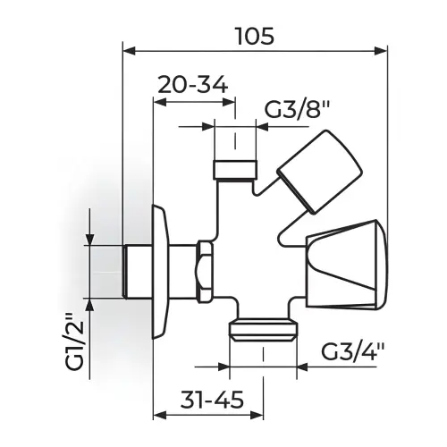 Rosan Ugaoni ventil 1/2x3/8 kombinovani sa priklj. 3/4 A67112 - tehnički crtež