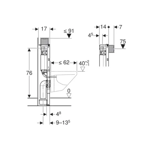 Geberit Duofix element za konzolnu WC šolju, 82 cm, sa ugradnim vodokotlićem Omega 12 cm 111.011.00.1 - tehnički crtež