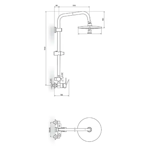 Rosan Blau Black Baterija za tuš kadu sa usp tuš 210x210mm B137251B - tehnički crtež